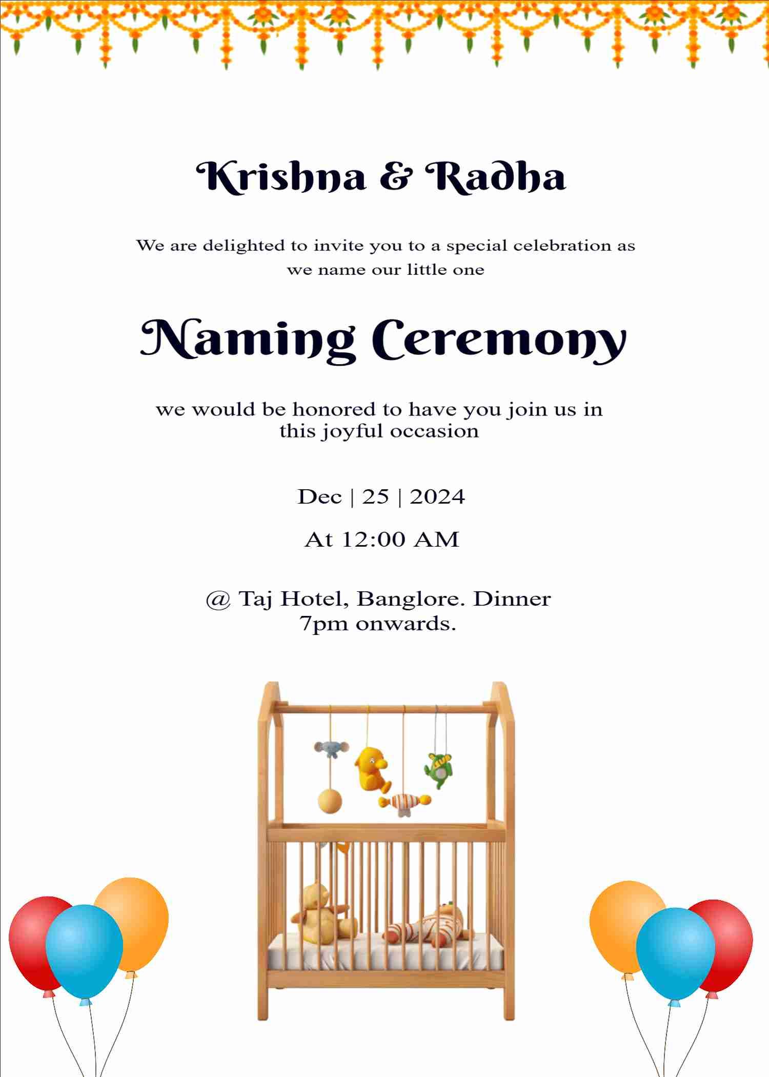 E invitation card for naming ceremony