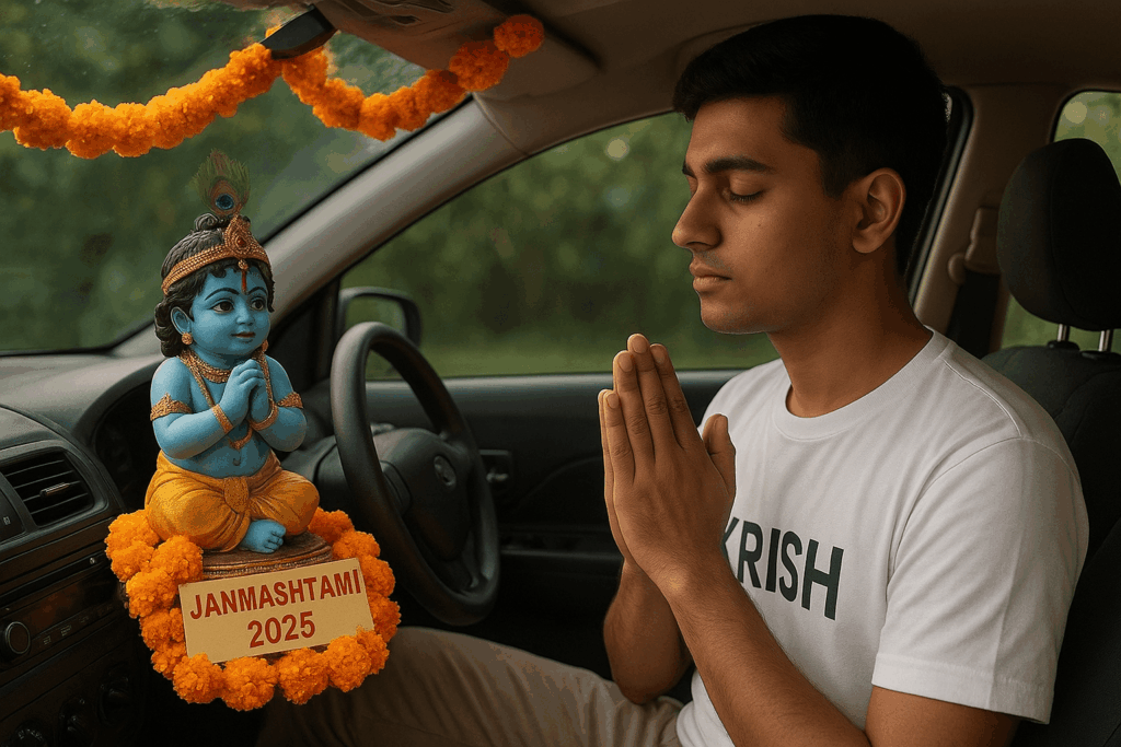 Create a realistic image of a young person with KRISH on their shirt sitting in a car with a beautifully decorated Krishna idol on the dashboard. The person is in prayer position while Krishna's image seems to bless from the dashboard. Car interior is decorated with marigold flowers and Janmashtami 2025 written on a small banner. Modern devotion concept.