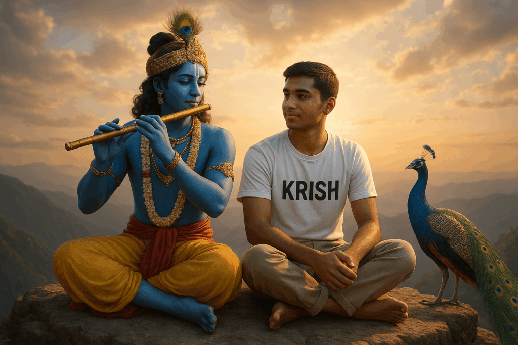 Create a 3D image of a 20-year-old Indian devotional boy who is sitting next to Krishna ji and Krishna ji playing the flute, they both sit together on the mountain, boy wearing white T-shirt with name "KRISH" written on it, heaven like beautiful view background, peacock dancing, realistic image and boy is barefoot. Divine lighting, serene atmosphere, 4K quality.