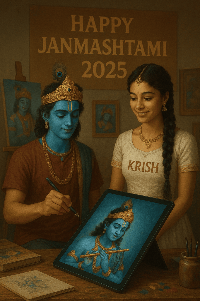 Show a creative scene where a young artist with "KRISH" on their art apron is painting Lord Krishna on a digital tablet while the real Krishna appears behind them, appreciating the art. Background shows an art studio with Krishna paintings and "Happy Janmashtami 2025" on a banner. Blend of traditional devotion with modern digital art.