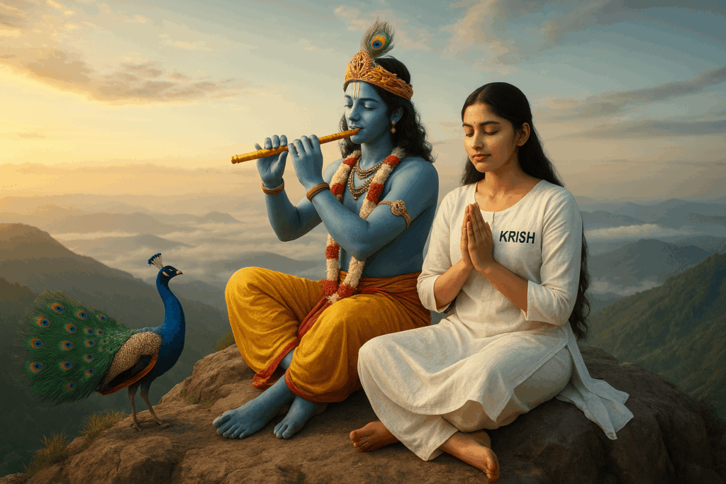 Create a 3D image of a 20-year-old Indian devotional girl who is sitting next to Krishna ji while Krishna ji is playing the flute. They both sit together on a mountain top with heavenly views. Girl wearing traditional white salwar kameez with name "KRISH" written on it. Heaven-like beautiful view background, peacock dancing, realistic image and girl is barefoot, hands in prayer position.