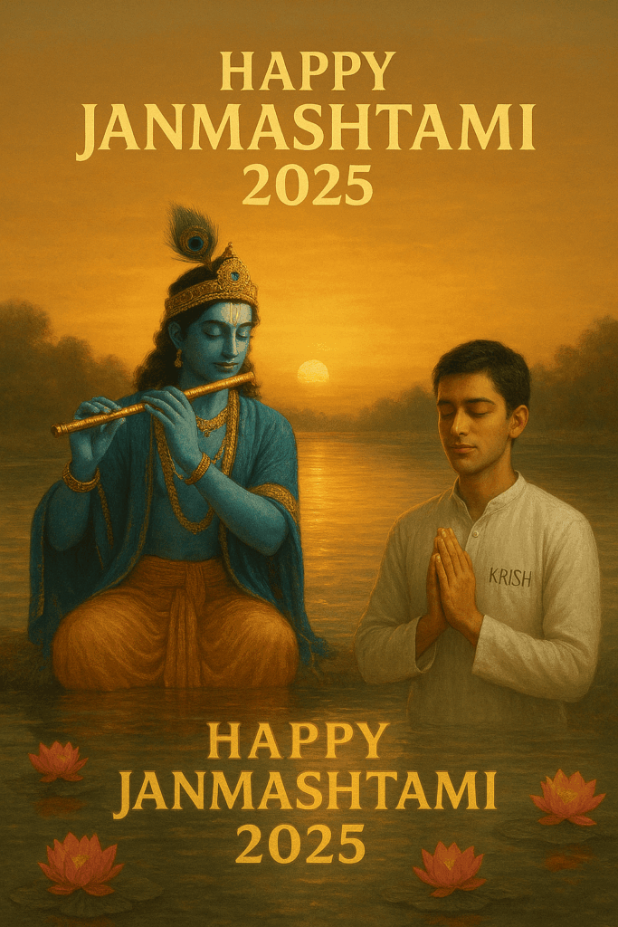 A beautiful image showing Lord Krishna with a young devotee with "KRISH" on white clothes standing by the sacred Yamuna river at sunset. Krishna is playing flute while the devotee listens in meditation. Background shows the flowing river, lotus flowers, and "Happy Janmashtami 2025" reflected in the water. Divine and tranquil atmosphere with golden lighting.