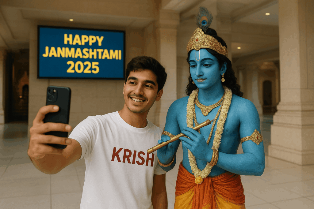 A modern devotional image showing a 20-year-old person with "KRISH" on their casual outfit taking a selfie with Lord Krishna in a contemporary temple setting. Krishna maintains his traditional appearance while the background blends modern and traditional elements. "Happy Janmashtami 2025" appears on a digital display. Perfect blend of tradition and modernity.