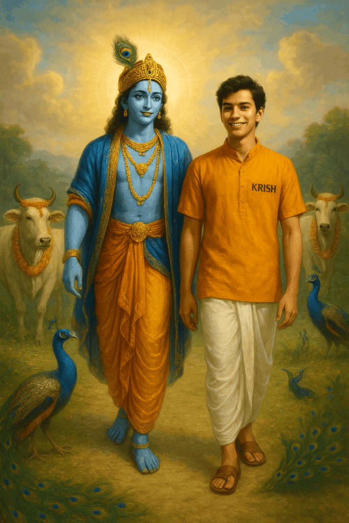 A photorealistic image of Lord Krishna walking with a 19-year-old boy wearing a saffron kurta with "KRISH" logo clearly visible. The boy is wearing white dhoti and traditional footwear. Krishna is wearing his traditional blue and orange robes with peacock feather crown. The background shows a heavenly landscape with decorated cows, dancing peacocks, and divine light. The image is vibrant and spiritually uplifting, 4K quality.