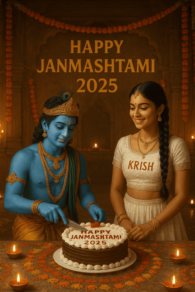 A realistic image shows Lord Krishna cutting a birthday cake with "Happy Janmashtami 2025" written in large decorative letters. Standing beside him is a 18-year-old girl wearing traditional white lehenga with "KRISH" clearly written on it. The girl is wearing traditional jewelry and has beautiful braided hair. They are in a magnificently decorated temple with lights, flowers, and rangoli patterns.