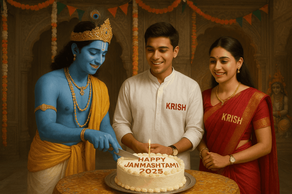A realistic image shows Lord Krishna cutting a birthday cake with "Happy Janmashtami 2025" written in decorative letters. Standing beside him is a young couple - boy in white kurta with "KRISH" written on it and girl in red traditional dress with "KRISH" on it. Both are wearing traditional jewelry and watches. They are in a beautifully decorated temple with celebration decorations.