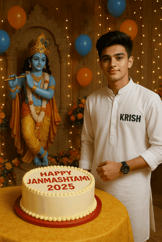 A realistic image shows Lord Krishna cutting a birthday round cake on a decorated table which has "Happy Janmashtami 2025" clearly written in big letters. Standing next to him is a real 18-year-old boy wearing a white kurta with "KRISH" clearly written on it. The boy is wearing a watch and has stylish black hair. They are in a beautifully decorated temple with lights, balloons, and flowers.