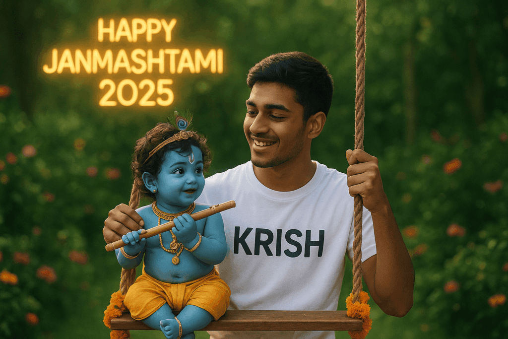A real 20-year-old Indian boy is swinging with baby Krishna. The boy is playing a flute and wearing a white t-shirt with the text "KRISH" clearly written on the boy's t-shirt. He is holding the swing rope and smiling while looking at Lord Krishna. The scene is set in a beautiful garden with flowers and greenery and "HAPPY JANMASHTAMI 2025" clearly written in neon lights in background. The background is blurred and the lighting is soft and divine, 8K ultra quality picture.