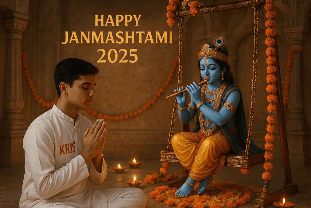 Create a 3D realistic picture where a 20-year-old boy is worshipping Shree Krishna and Shree Krishna is sitting on a decorated swing playing flute. "KRISH" is written on the boy's white kurta and the boy is in prayer position. In the background "Happy Janmashtami 2025" is written in bold golden font clearly. Temple background with diyas and flowers, make sure everything should be spiritually accurate.