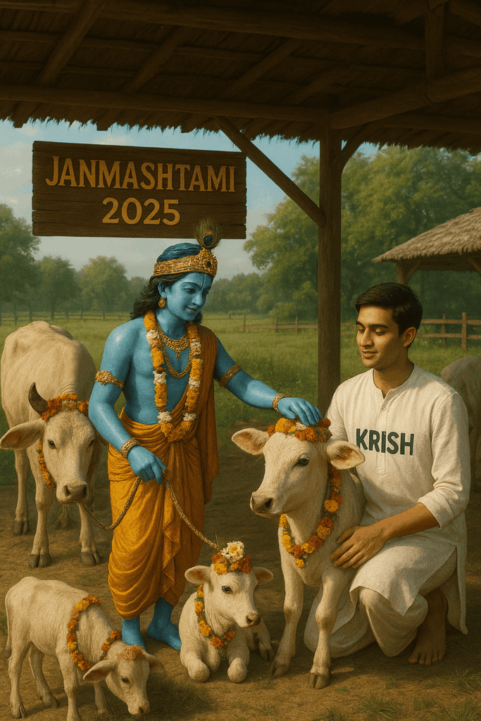 Create a serene image of Lord Krishna with a 20-year-old devotee with "KRISH" on traditional outfit in a beautiful goshala (cow shelter). They are both taking care of decorated cows and calves. Background shows a peaceful rural setting with "Janmashtami 2025" written on a wooden sign. Emphasis on Krishna's love for cows and nature, realistic and peaceful atmosphere.