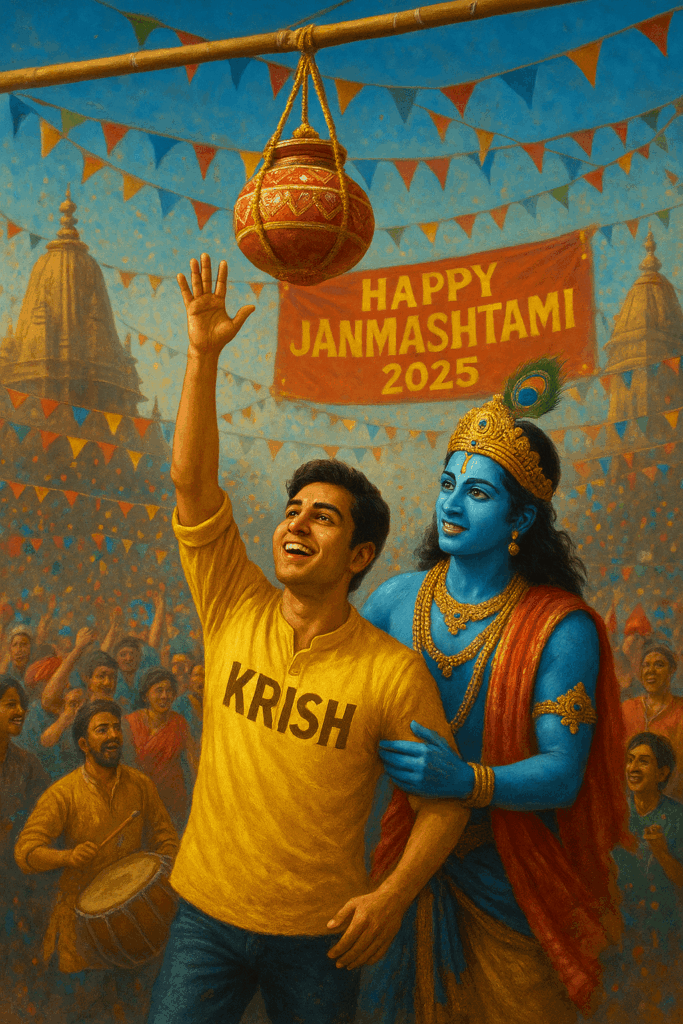 Create a vibrant image of Lord Krishna with a 20-year-old boy celebrating Dahi Handi festival. Boy wearing yellow kurta with "KRISH" written boldly, reaching for a hanging pot while Krishna guides him with divine grace. Background shows festive crowds, colorful decorations, and "HAPPY JANMASHTAMI 2025" banner. Realistic celebration atmosphere with traditional music and joy.