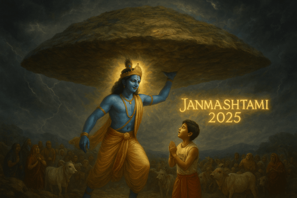 Create an epic image depicting Lord Krishna lifting Govardhan Hill while a young devotee with "KRISH" on their outfit looks on in amazement and devotion. Dramatic scene with villagers and cattle taking shelter under the hill. Storm clouds above and divine light around Krishna. "Janmashtami 2025" appears in divine script in the sky. Mythological accuracy with modern rendering.