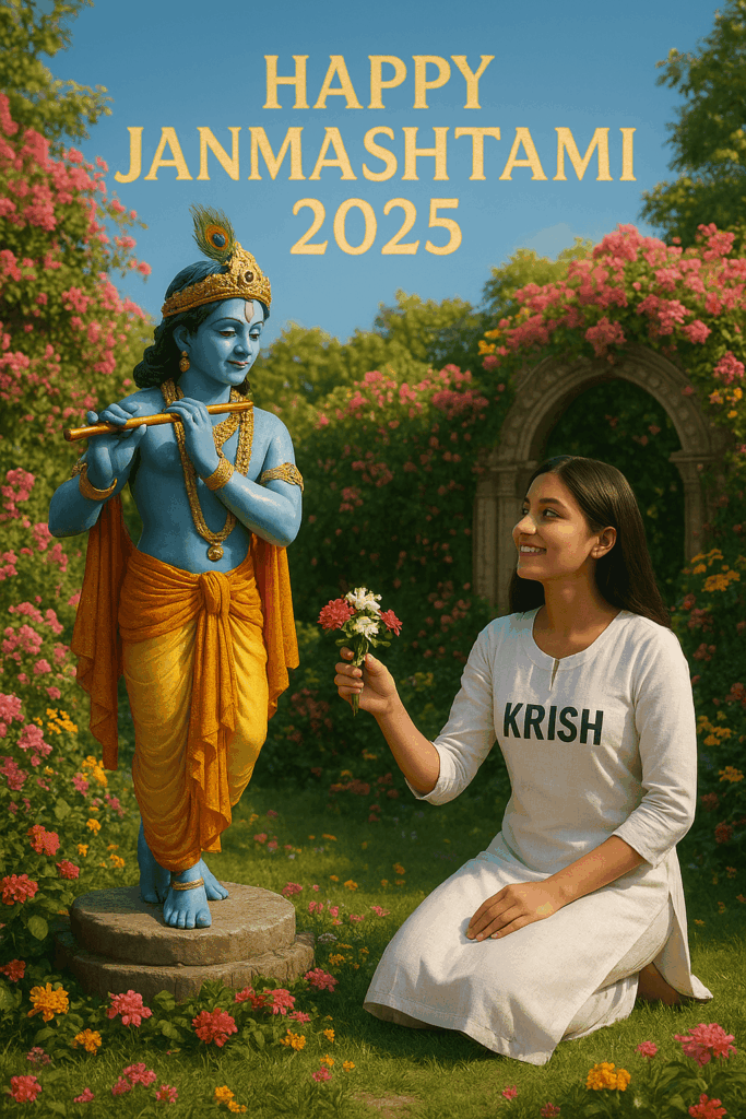 Imagine a 3D realistic image of Lord Krishna with a 19-year-old Indian girl in a beautiful garden setting. The girl is wearing white traditional dress with her name "KRISH" written boldly on it. She is offering flowers to Lord Krishna who is playing his flute. The backdrop is beautiful with blooming flowers and "HAPPY JANMASHTAMI 2025" written in golden letters in the sky.