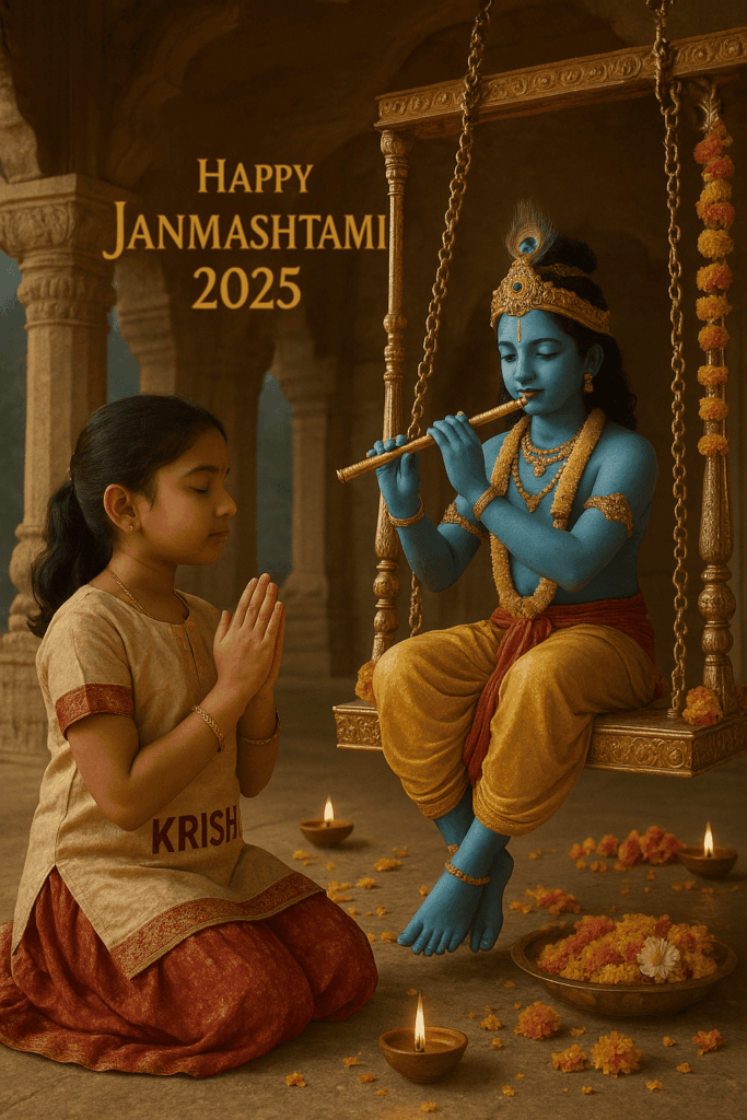 Create a 3D realistic picture where a young girl is worshipping Shree Krishna and Shree Krishna is sitting on a golden swing playing flute. "KRISH" is written on the girl's traditional outfit and the girl is in devotional posture. In the background "Happy Janmashtami 2025" is written in bold divine font clearly. Temple setting with flowers and diyas, make sure everything should be spiritually correct.