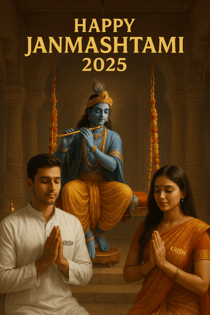 Create a 3D realistic picture where a 20-year-old couple is worshipping Shree Krishna together. Shree Krishna is sitting on a decorated swing playing flute. Boy has "KRISH" written on his white kurta and girl has "KRISH" written on her traditional outfit. The couple is in prayer position and in the background "Happy Janmashtami 2025" is written in bold golden font clearly. Temple atmosphere with divine lighting.