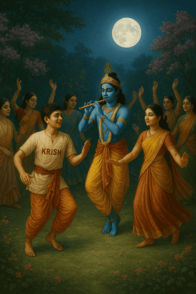 Create a beautiful image of Lord Krishna with devotees in Raas Leela dance formation. A young person with "KRISH" written on traditional outfit is participating in the divine dance in a moonlit garden with gopis and other devotees. Background shows full moon, flowering trees, and divine music instruments. Spiritual joy and celebration theme, ultra-realistic rendering.