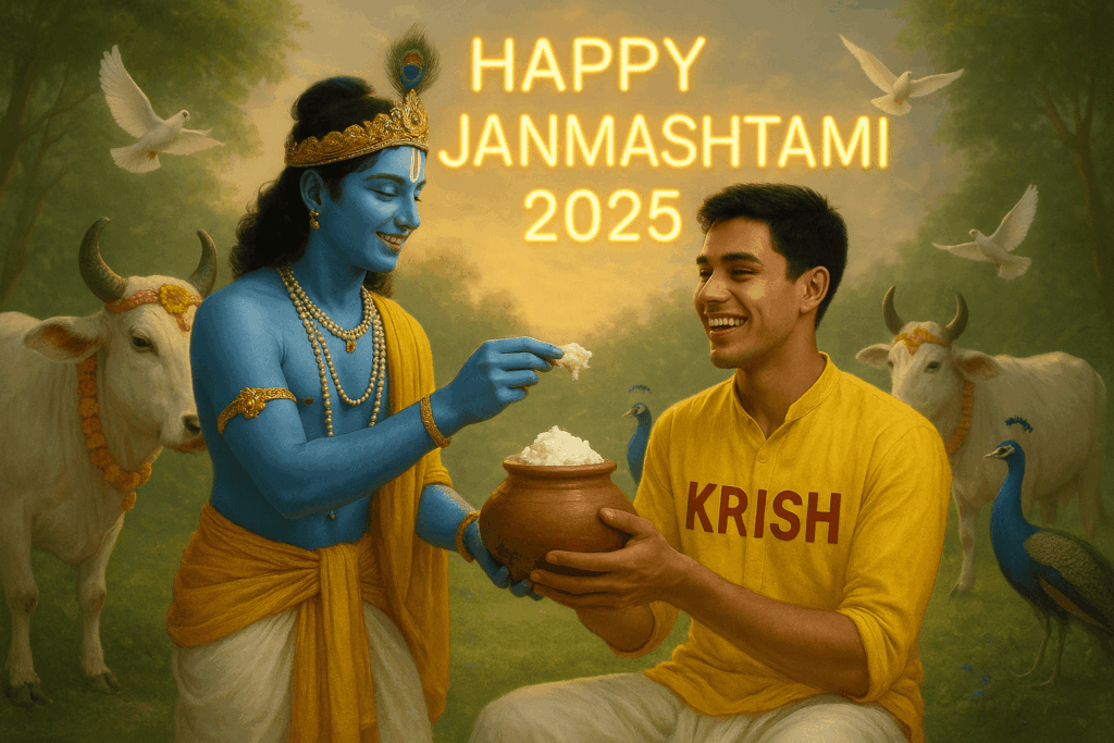 Create a high-quality, realistic image of Lord Krishna and a 20-year-old boy named Krish sharing butter from a clay pot. The boy wears a yellow kurta and white dhoti with "KRISH" boldly written on his shirt. Both are smiling in a heavenly setting with decorated cows, dancing peacocks, and white birds nearby. "HAPPY JANMASHTAMI 2025" is displayed in golden neon lights in the background. Ultra-clear and hyper-realistic in 8K.