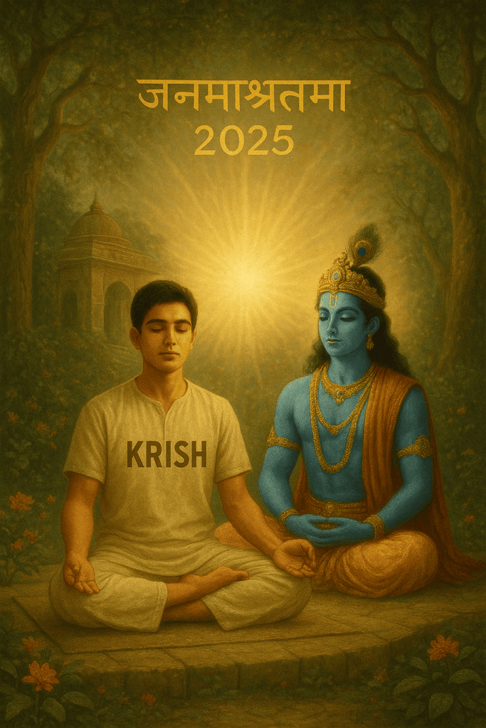 Create a peaceful meditation scene where a young person with "KRISH" on their meditation clothes is sitting in lotus position with Lord Krishna in a beautiful ashram setting. Both are in deep meditation with divine light surrounding them. Background shows sacred trees, flowers, and "Janmashtami 2025" in golden sanskrit script. Spiritual awakening and inner peace theme, 8K quality.