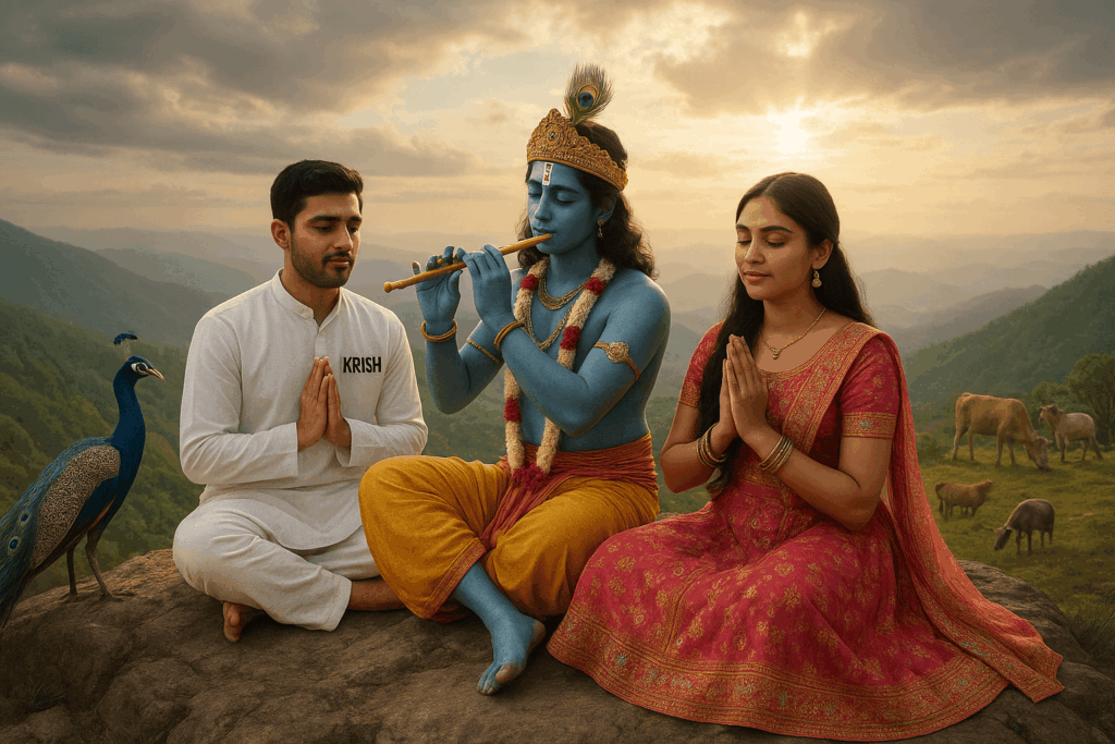 Create a photorealistic image of a young couple sitting with Lord Krishna on a mountain top. Boy wearing white traditional outfit with "KRISH" written on it, girl wearing colorful lehenga with "KRISH" embroidered on it. Krishna is playing flute while the couple listens in devotion. Background shows heavenly landscape with peacocks, cows, and divine light. 8K ultra-realistic quality.