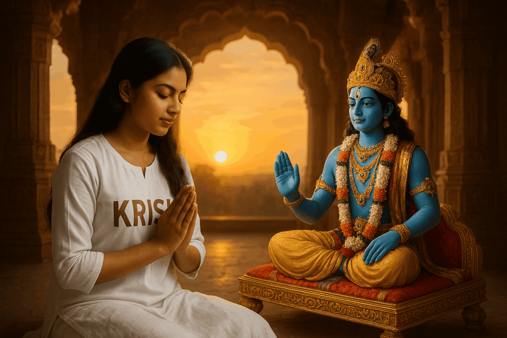 Create a realistic high-quality image where a 20-year-old Indian girl is sitting and praying to Lord Krishna ji. Girl wearing white traditional dress with name "KRISH" written boldly on it. Beautiful temple background with sunrise, devotional atmosphere, Lord Krishna on a decorated throne. Make sure the name should be visible and correct, spiritual lighting, 4K quality.