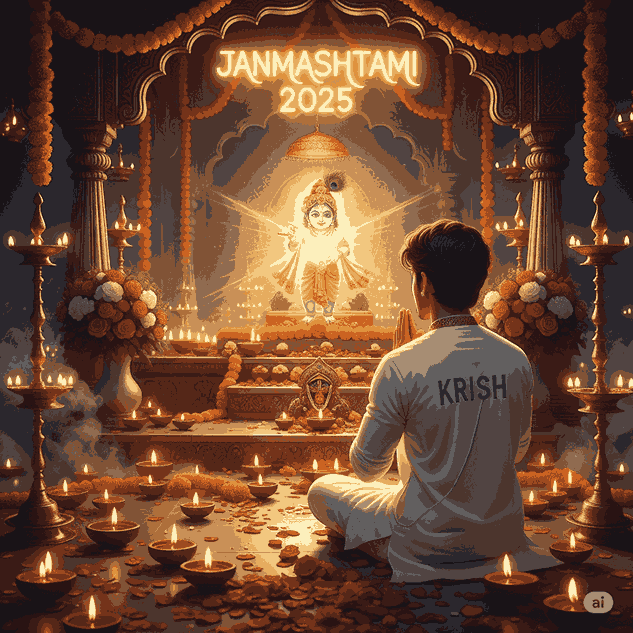 A divine image showing the birth celebration of Lord Krishna at midnight. A 20-year-old devotee with KRISH on his white traditional dress is witnessing baby Krishna's divine appearance with bright divine light emanating from the scene. Temple setting with oil lamps, flowers, and JANMASHTAMI 2025 glowing in divine script. Spiritual and mystical atmosphere, 4K quality.