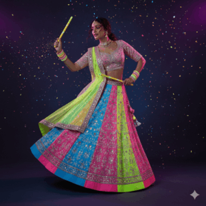 Bright neon-colored lehenga with glowing accessories. High-contrast tones, festival sparkle, bold fashion vibe.