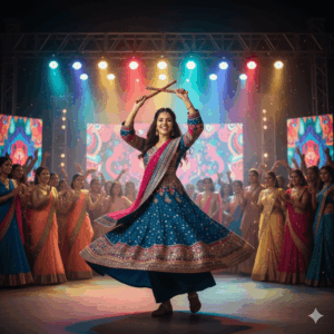 Mid-dance action shot in colorful stage lights, motion blur, cultural crowd and energetic festive atmosphere.


