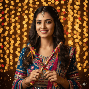 A beautiful portrait of me in a colorful chaniya choli holding dandiya sticks, golden festive lights in the background with sparkling bokeh and soft glow.