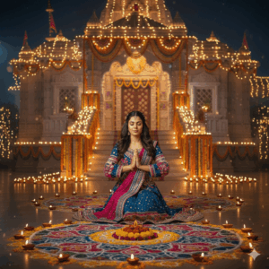 Devotional scene in front of a beautifully decorated temple. Diyas glowing, rangoli at the feet, divine spiritual Navratri mood.