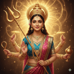 Transform into Goddess Durga with glowing aura. Trishul in the background, divine golden light, ethereal expression.