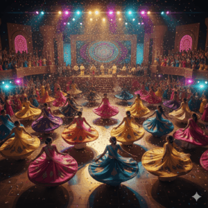 Cinematic Bollywood-style garba scene. Glamorous lighting, dance floor energy, dramatic festive vibe.