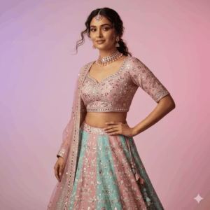 High-fashion Navratri model shot. Pastel backdrop, cinematic lighting, sharp details, stylish traditional lehenga.