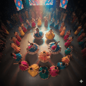 Top-view photo of a garba circle. Colorful swirling lehengas, bright lights, joyful group dancing.