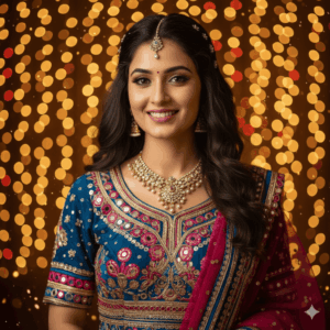 Portrait focusing on detailed embroidery, jewelry, fabric textures. Golden bokeh background for festive elegance.