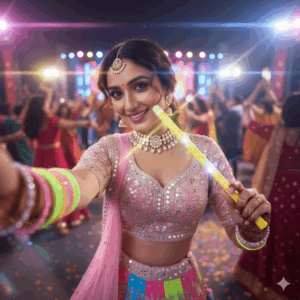 Navratri-style selfie with glowing filters, lens flares, colorful dandiya sticks visible in the frame.