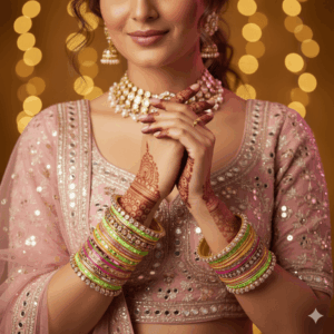 Close-up of hands and face featuring intricate mehndi, heavy earrings, bangles, soft golden glow.