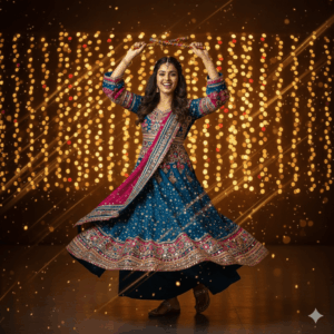 Full-body portrait in a bright, colorful chaniya choli dancing pose with soft glowing light leaks, festive sparkles and energetic Navratri vibes.